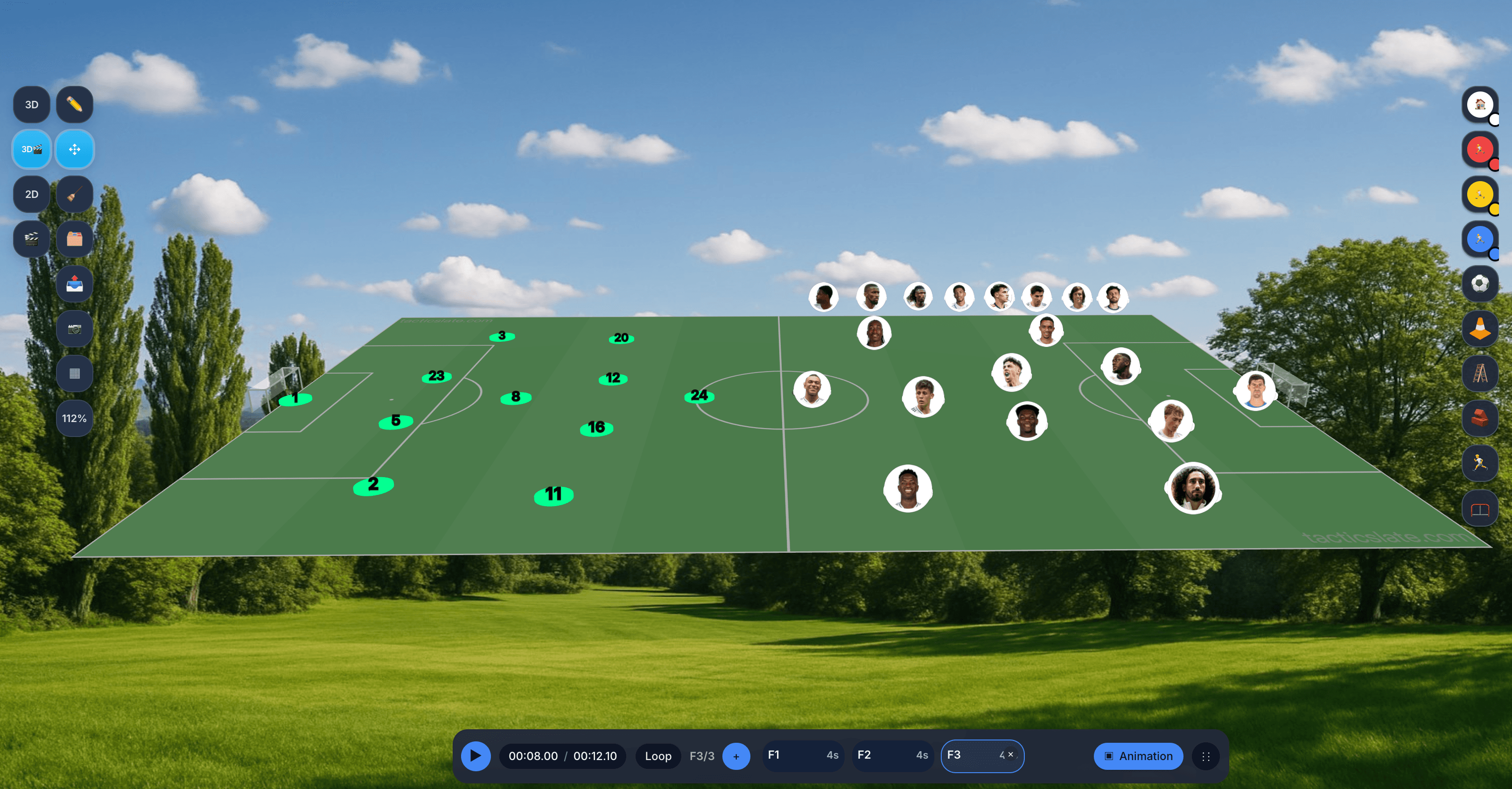 TacticSlate 3D animation workspace with player formations, a landscaped pitch background and timeline controls